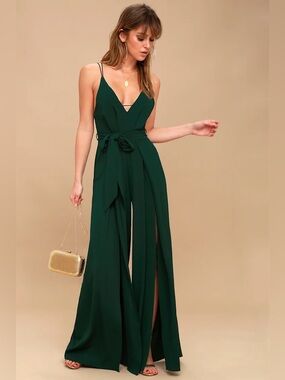 Lulu's Deep Green Sleeveless Wide-Leg Jumpsuit with Waist Tie
